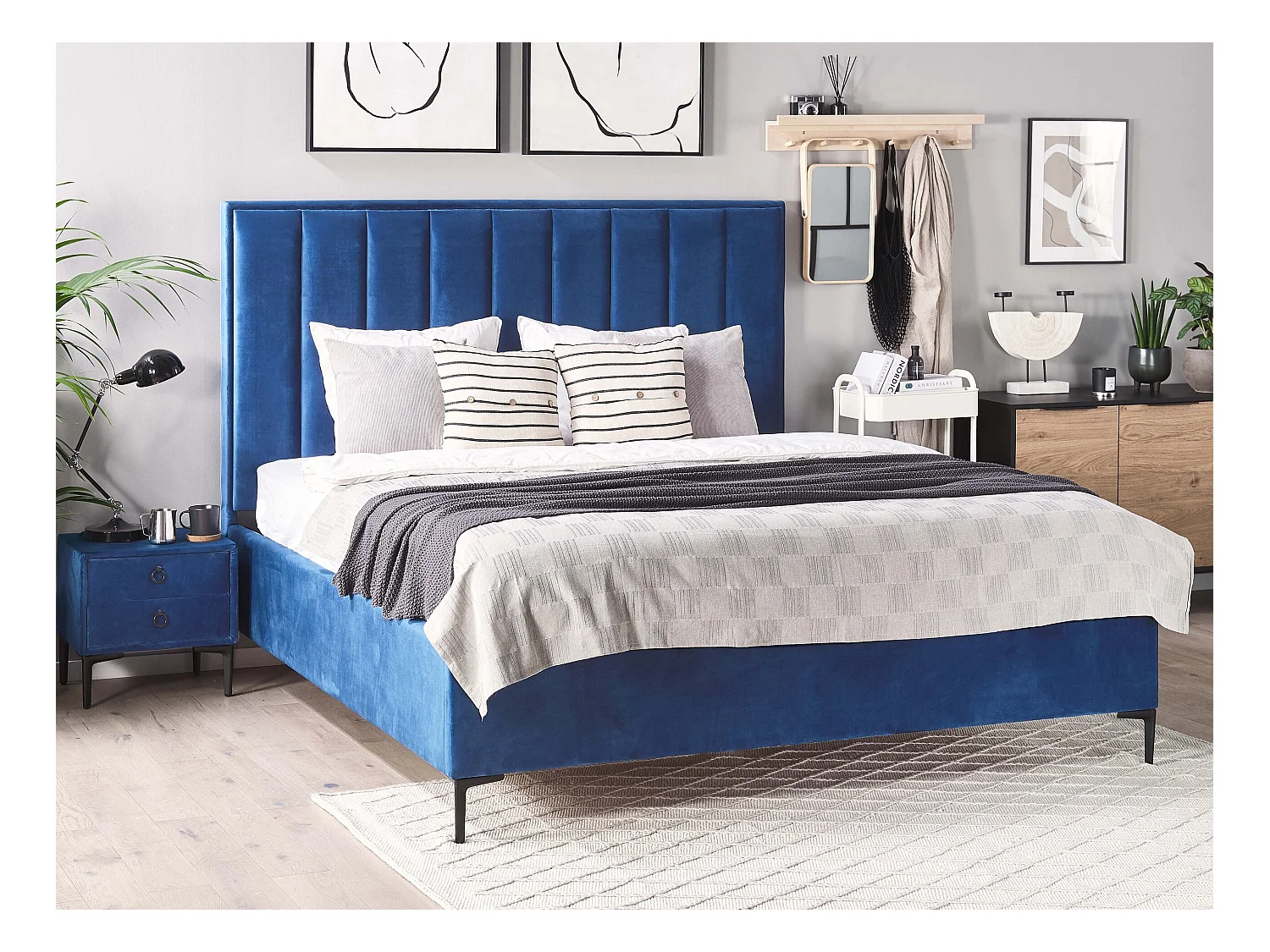 Schlafzimmer Set Bett blau mit Nachttisch Lattenrost 160x200 cm Sezanne