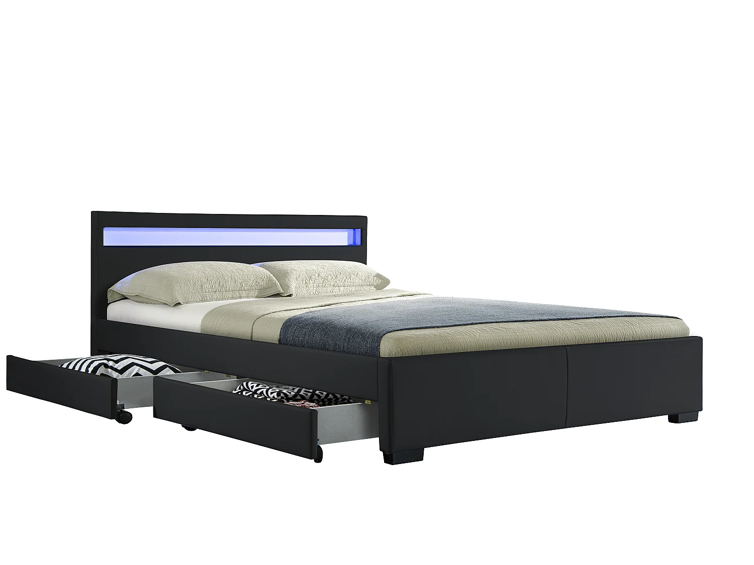 Lit Drawer PU Noir 180x200 + LED & 4 tiroirs