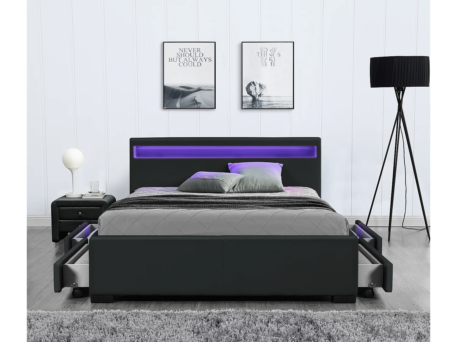 Lit Drawer PU Noir 180x200 + LED & 4 tiroirs