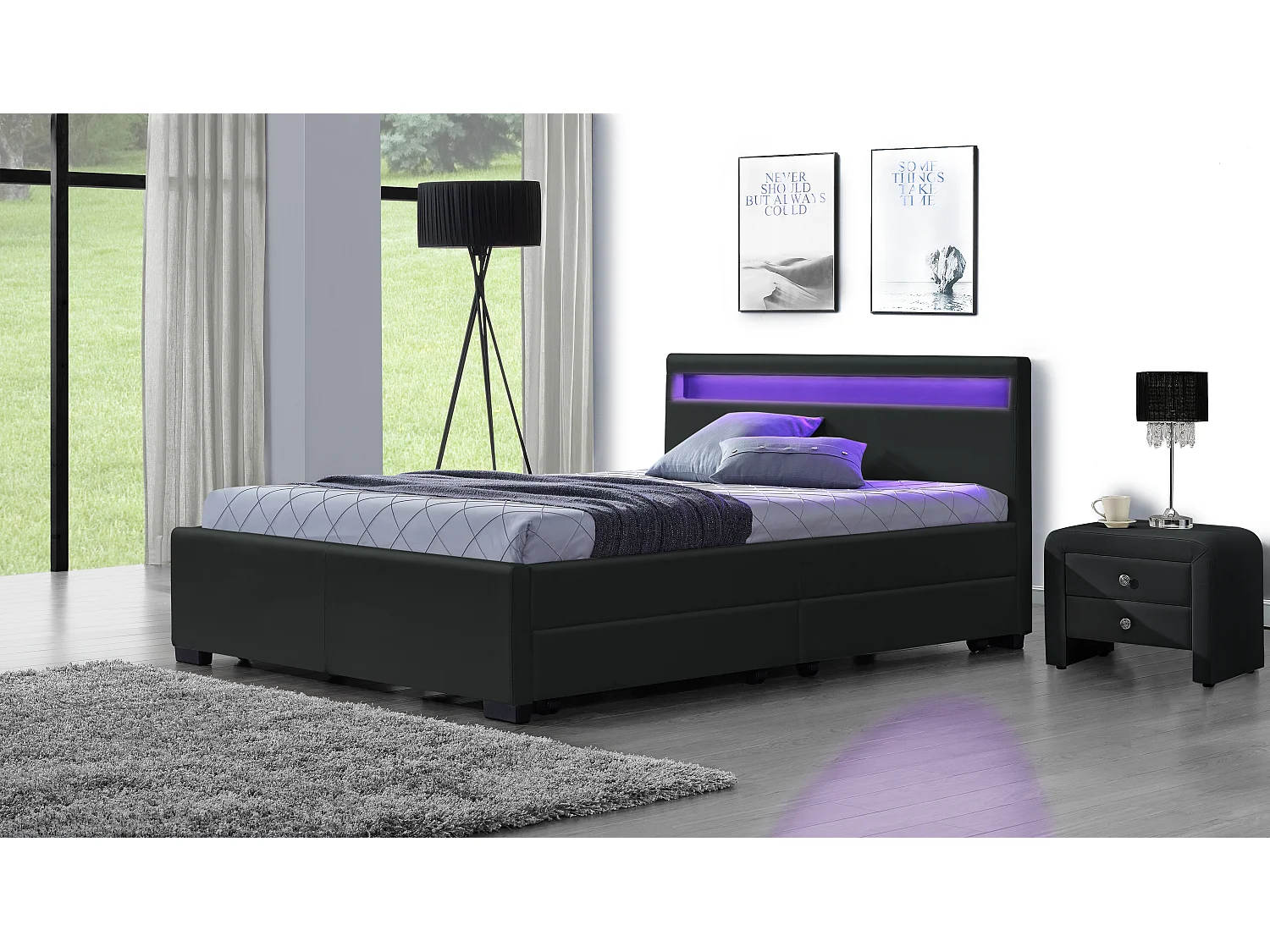 Lit Drawer PU Noir 180x200 + LED & 4 tiroirs