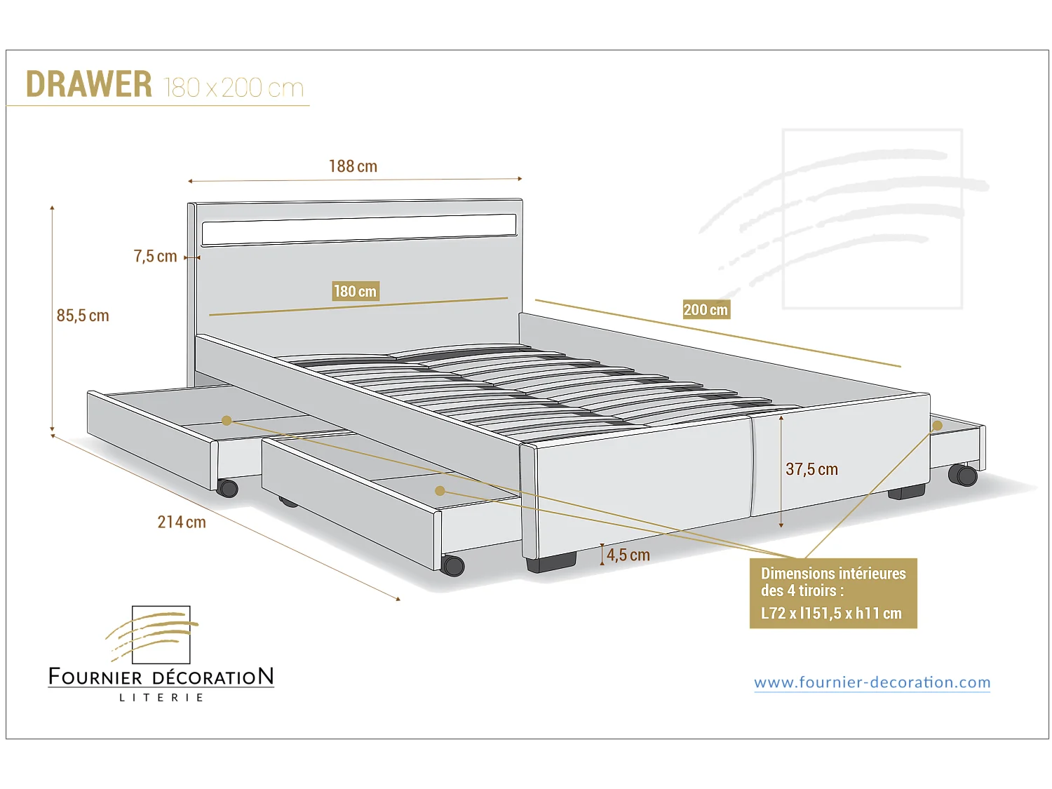 Lit Drawer PU Noir 180x200 + LED & 4 tiroirs