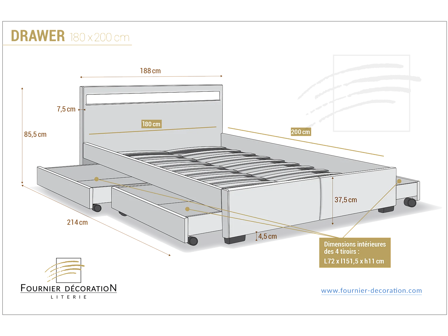 Lit Drawer PU Noir 180x200 + LED & 4 tiroirs