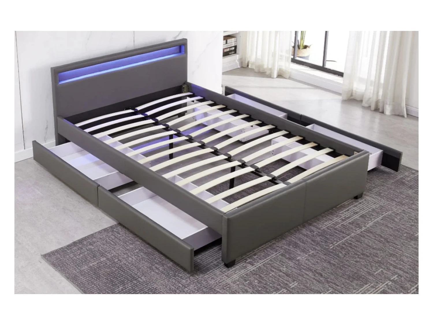 Lit à led avec 4 tiroirs simili cuir Denvers-Couleur Noir-160x200