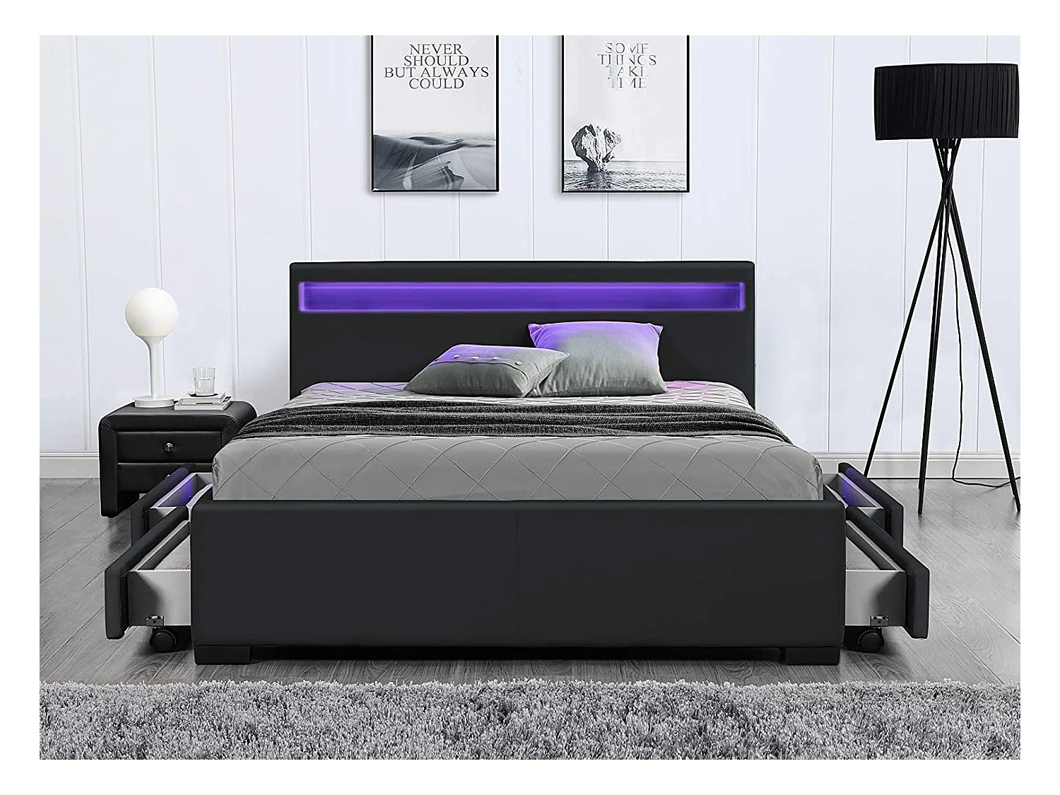 Lit à led avec 4 tiroirs simili cuir Denvers-Couleur Noir-160x200