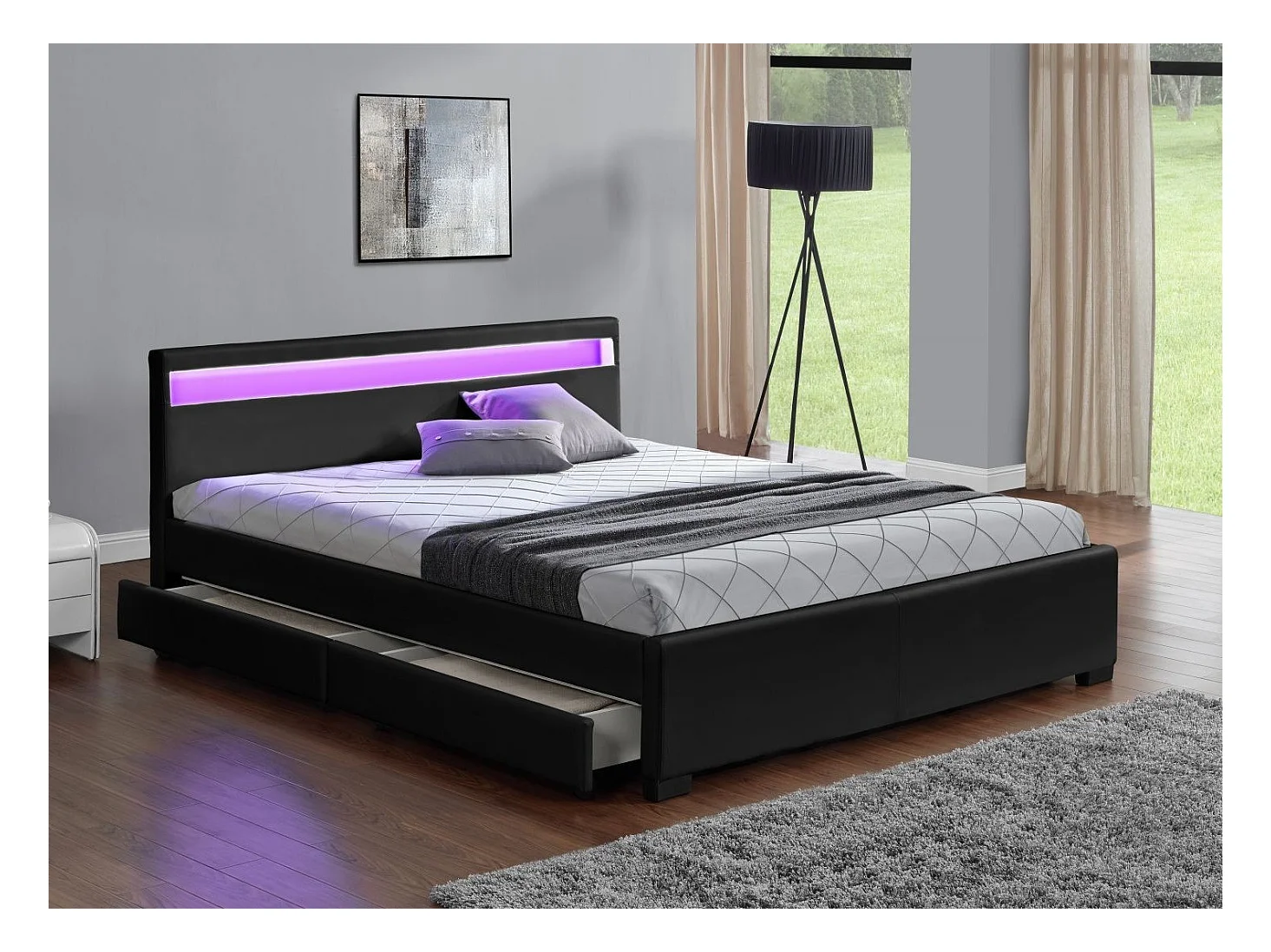 Lit à led avec 4 tiroirs simili cuir Denvers-Couleur Noir-160x200