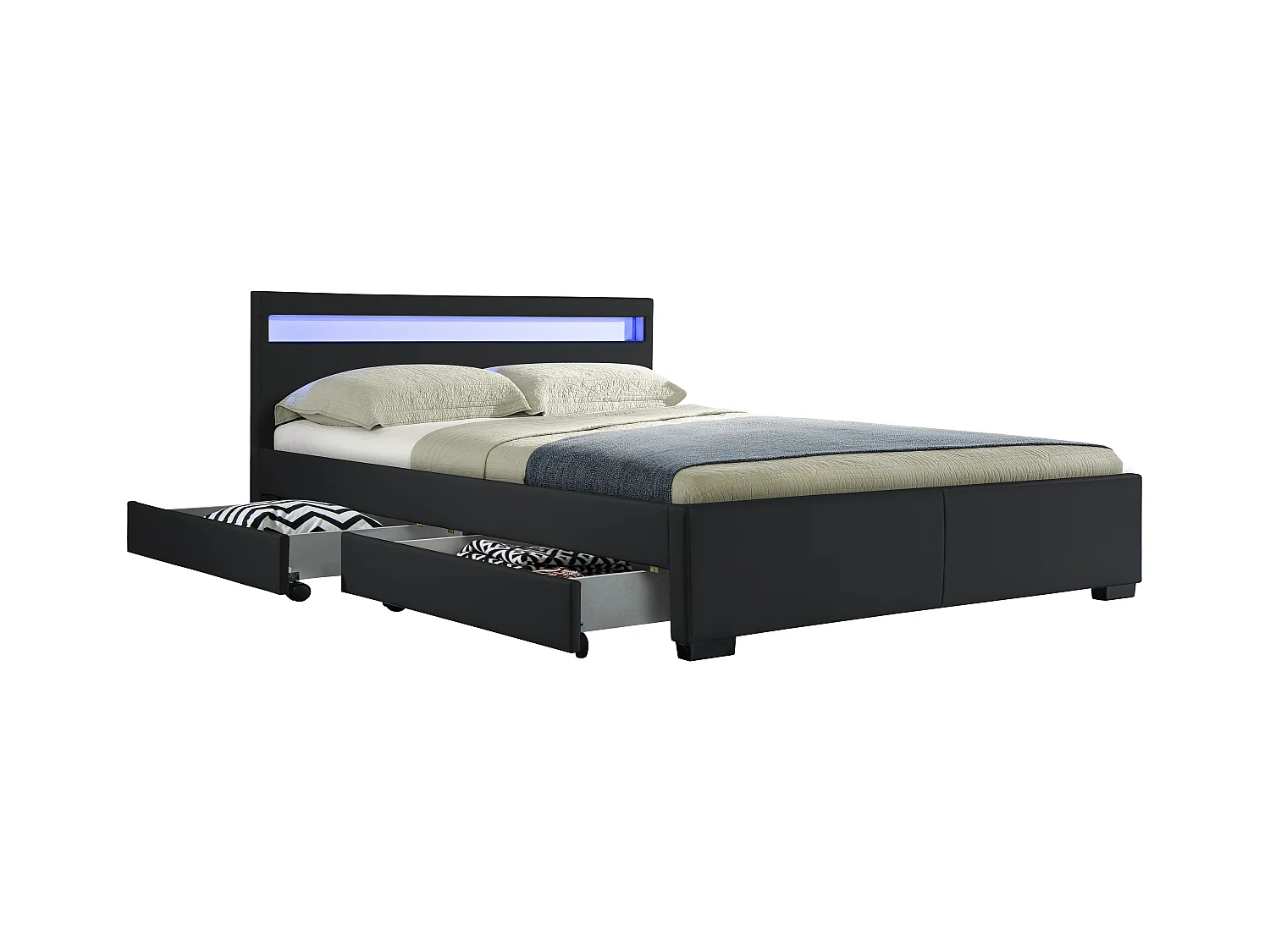 Lit Drawer PU Noir 160x200 cm + LED & 4 tiroirs