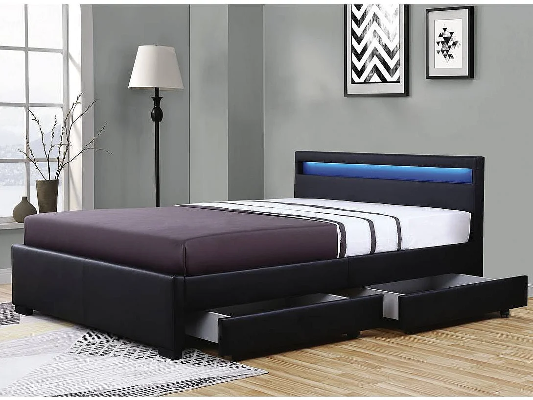 Lit à led avec 4 tiroirs simili cuir Denvers-Couleur Noir-160x200