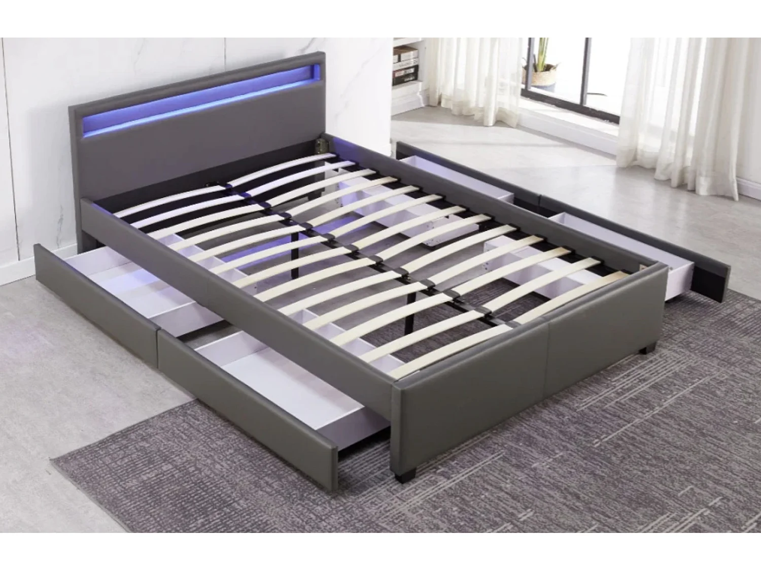 Lit à led avec 4 tiroirs simili cuir Denvers-Couleur Noir-160x200