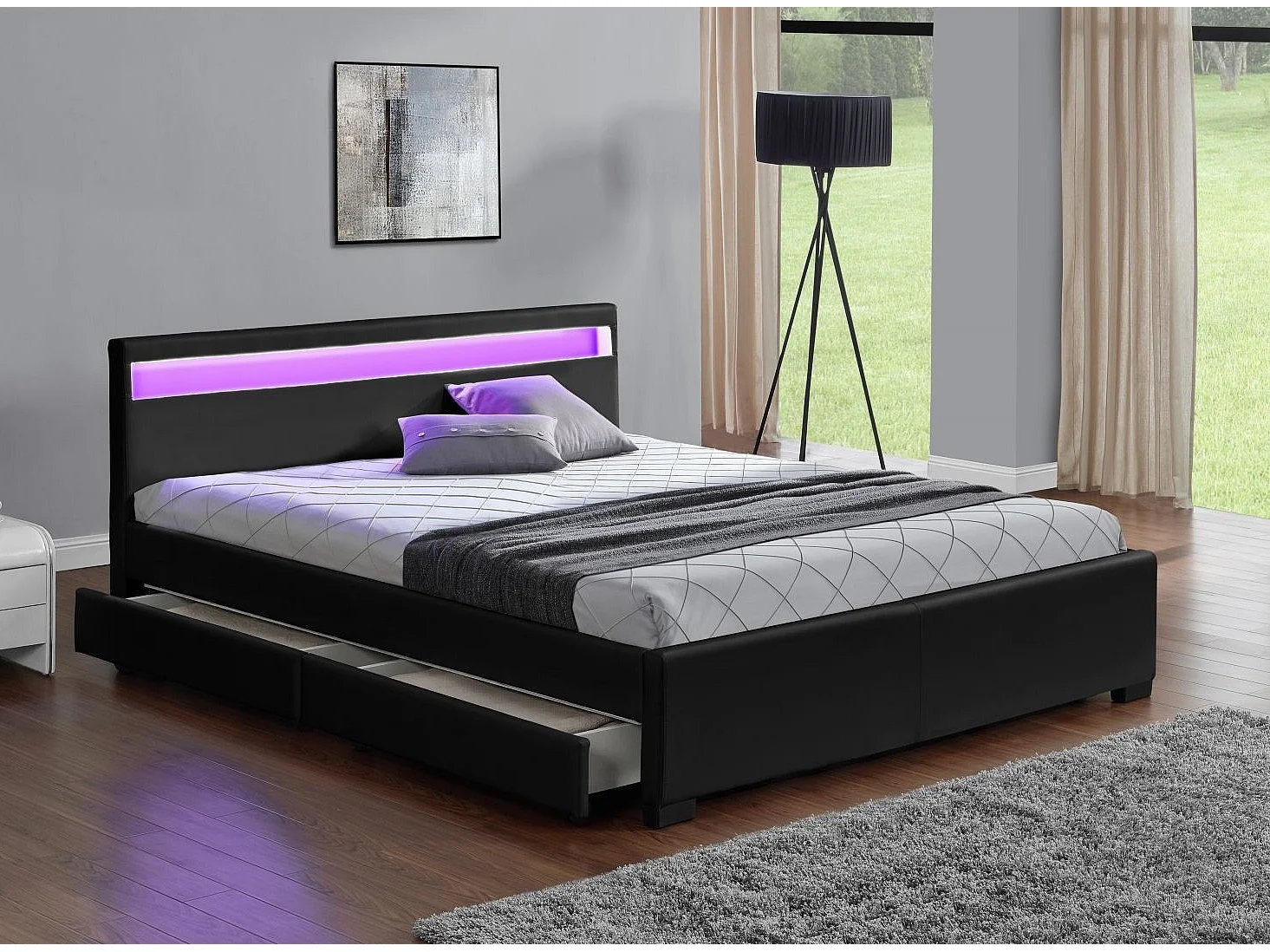 Lit à led avec 4 tiroirs simili cuir Denvers-Couleur Noir-160x200