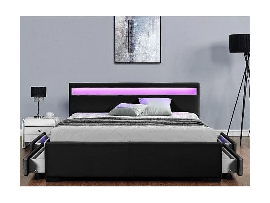 Lit à led avec 4 tiroirs simili cuir Denvers-Couleur Noir-160x200