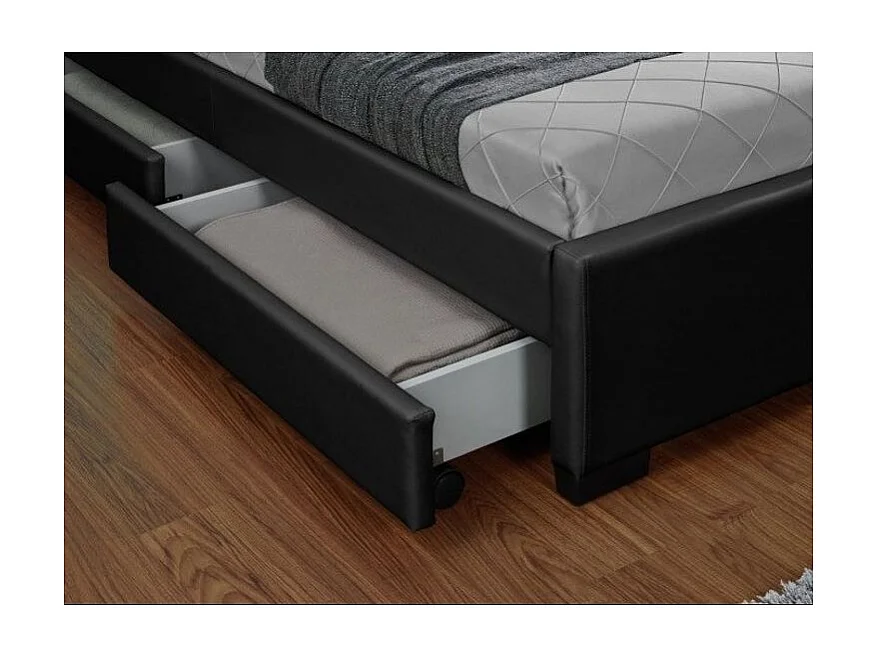 Lit à led avec 4 tiroirs simili cuir Denvers-Couleur Noir-160x200