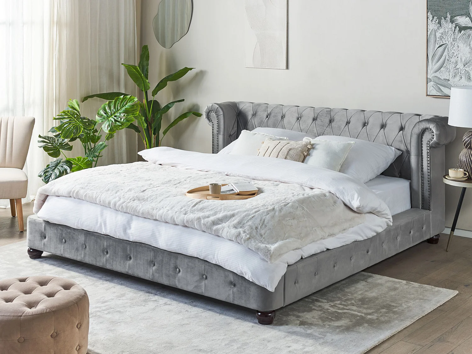 Bett mit Lattenrost Samtstoff CAVAILLON 180 x 200 cm Hellgrau