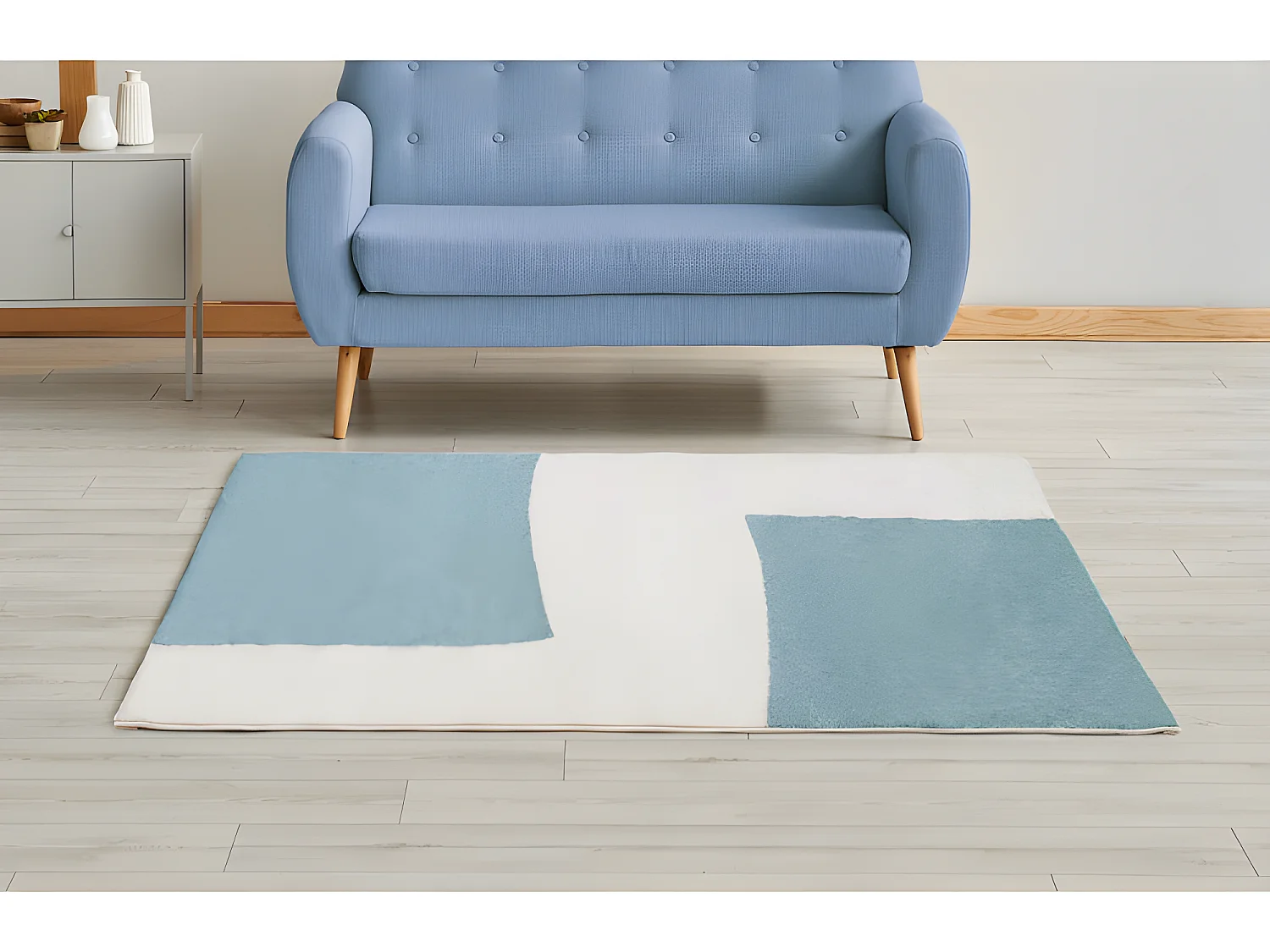 Tapis Salon Chambre Poils Ras Doux Motifs Géométrique Bleu Blanc 100x150 Cm