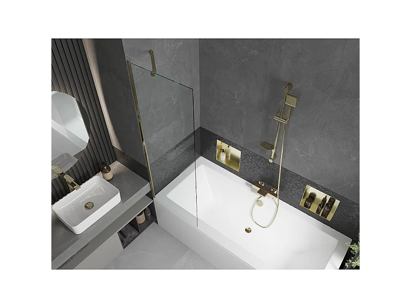 Mexen Cube rectangular bath 180 x 80 cm with casing and single-panel screen 60 cm, transparent, gold - 550518080X9506000050