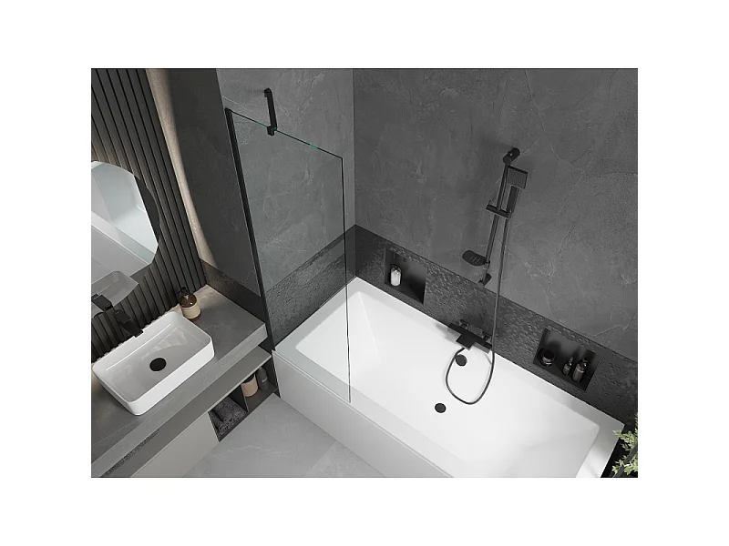 Mexen Cube baignoire rectangulaire 180 x 80 cm avec tablier et paroi de douche à 1 volet 60 cm, transparent, noir