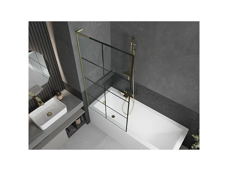 Mexen Next L paroi de baignoire 1-volet 90 x 150 cm, grille noire, or brossé - 895-090-000-03-77-55