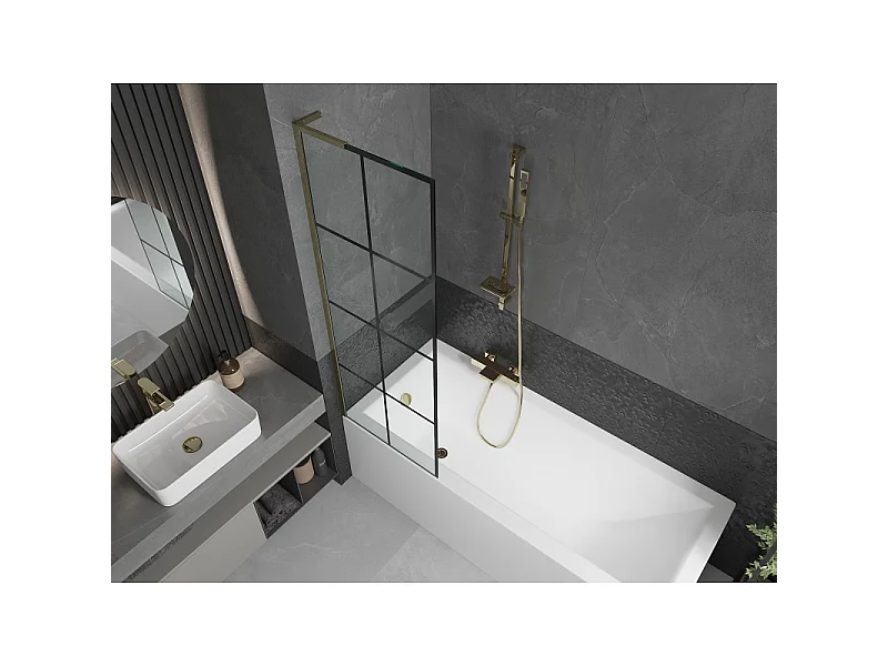 Mexen Next L paroi de baignoire 1 volet 60 x 150 cm, grille noire, doré - 895-060-000-03-77-50