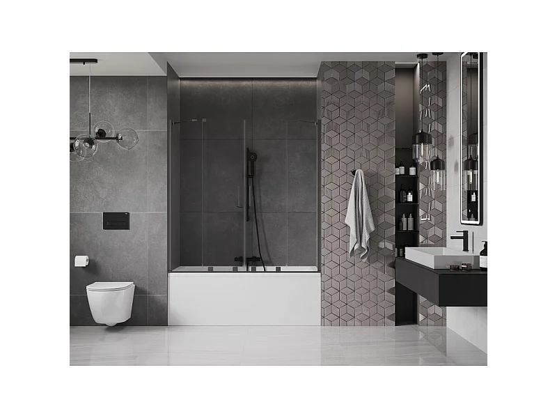 Mexen Velar Duo-Wannenfaltwand, 2-flügelig, verschiebbar, 140 x 150 cm, transparent, schwarz - 896-140-000-02-70