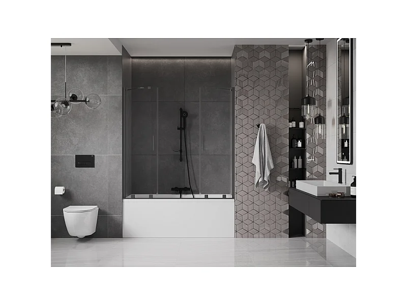 Mexen Velar Duo-Wannenfaltwand, 2-flügelig, verschiebbar, 140 x 150 cm, transparent, schwarz - 896-140-000-02-70