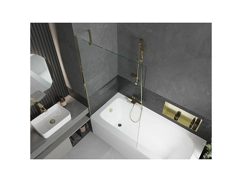 Mexen Vega baignoire rectangulaire 180 x 80 cm avec tablier et paravent 1 volet 100 cm, transparent, doré