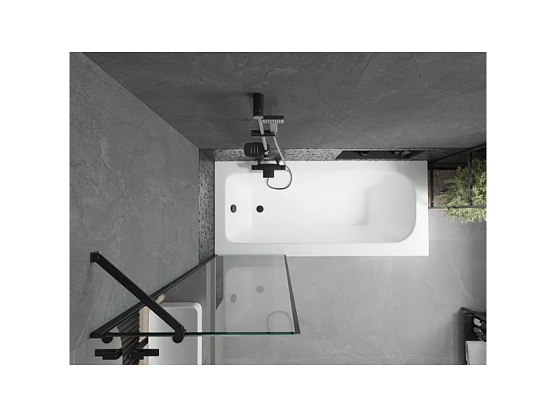 Mexen Vega Rechteckige Badewanne 150 x 70 cm mit Verkleidung und 1-flügeliger 60 cm Duschwand, schwarzes Muster