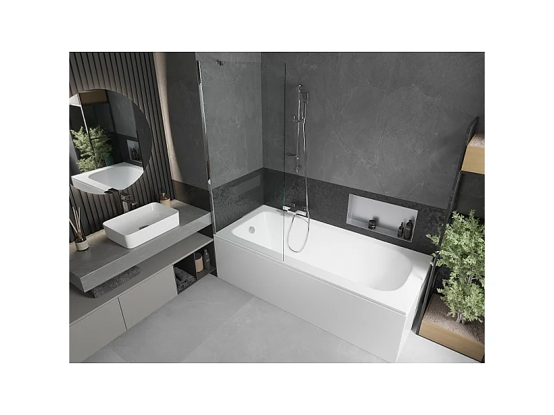 Mexen Vega baignoire rectangulaire 160 x 70 cm avec tablier et paravent 1 volet 80 cm, transparent, chromé