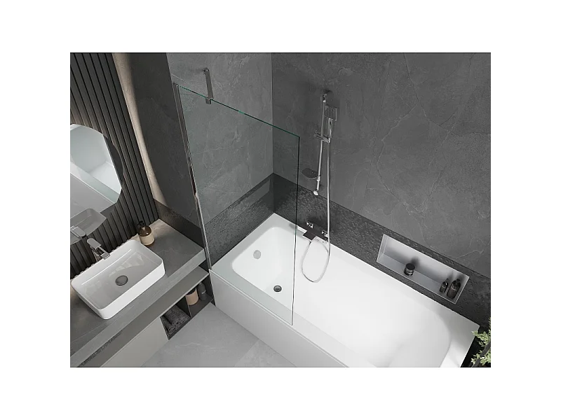 Mexen Vega baignoire rectangulaire 160 x 70 cm avec tablier et paravent 1 volet 80 cm, transparent, chromé