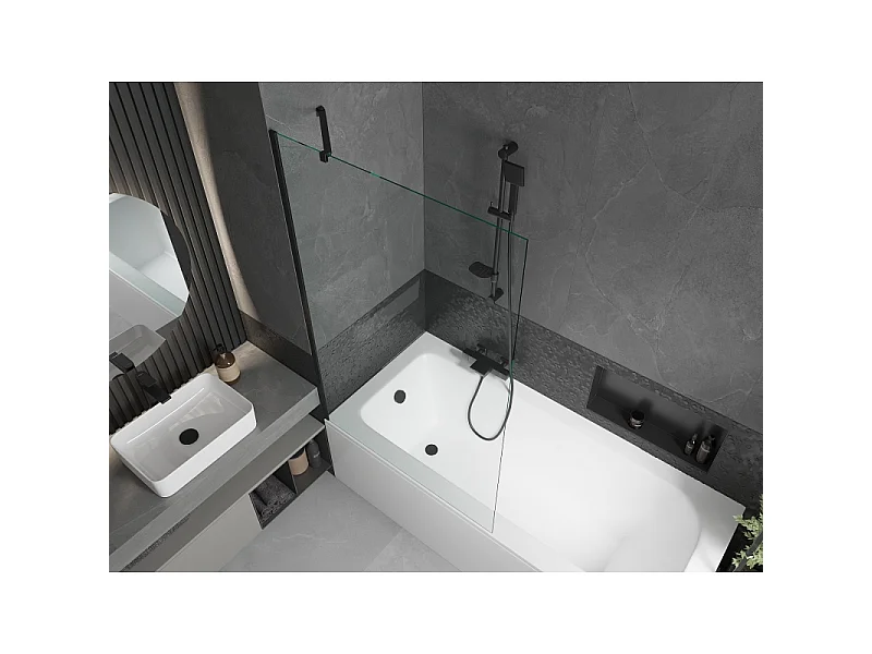 Mexen Vega banheira retangular 160 x 70 cm com revestimento e divisória de uma asa 100 cm, transparente, preto