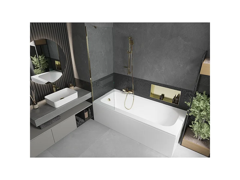 Mexen Vega baignoire rectangulaire 150 x 70 cm avec habillage et paroi de douche à 1 vantail 60 cm, transparent, doré
