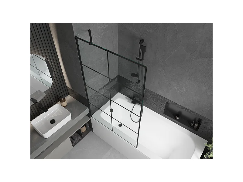 Mexen Vega baignoire rectangulaire 150 x 70 cm avec habillage et paroi de douche à 1 vantail de 100 cm, motif noir