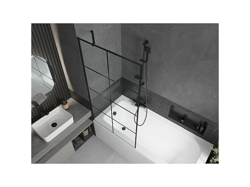 Mexen Vega Rechteckige Badewanne 170 x 70 cm mit Verkleidung und 1-flügeligem Paravent 90 cm, schwarzes Muster