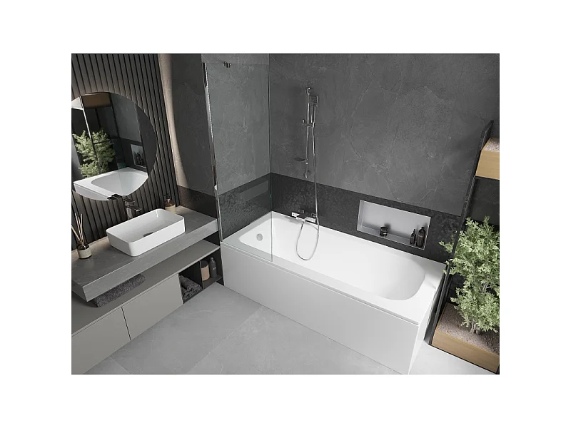 Mexen Vega vasca rettangolare 180 x 80 cm con panello e paravento a 1 anta 60 cm, trasparente, cromo - 550118080X9506000001