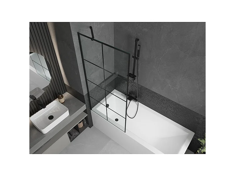 Mexen Cubik rectangular bathtub 150 x 70 cm with casing and 1-wing shower screen 80 cm, black pattern - 550315070X9508007077