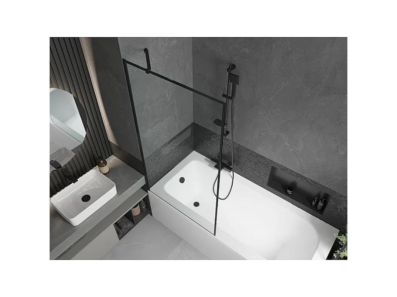 Mexen Vega baignoire rectangulaire 170 x 70 cm avec habillage et paroi de douche à 1 volet 90 cm, motif noir