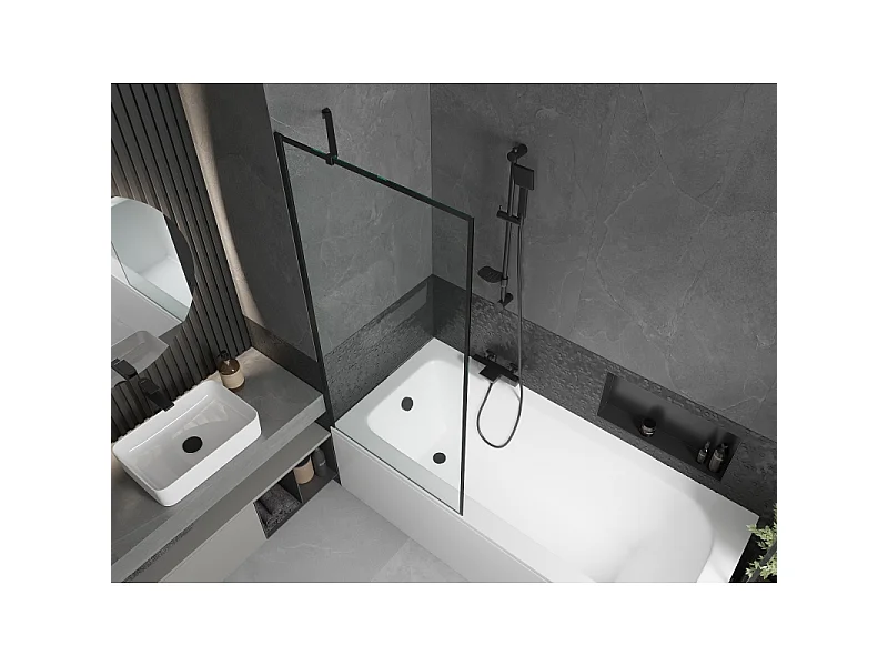 Mexen Vega Rechteckige Wanne 150 x 70 cm mit Verkleidung und 1-flügeliger 80 cm Duschabtrennung, schwarzes Muster