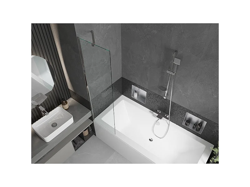Mexen Cube banheira retangular 170 x 80 cm com acabamento e biombo de 1 asa de 50 cm, transparente, cromado
