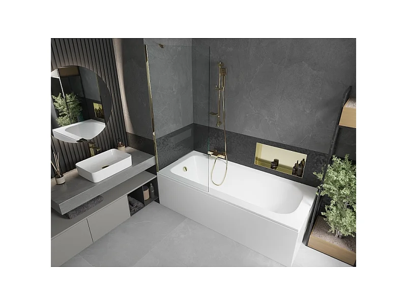 Mexen Vega baignoire rectangulaire 160 x 70 cm avec habillage et pare-baignoire 1 volet 80 cm, transparent, doré