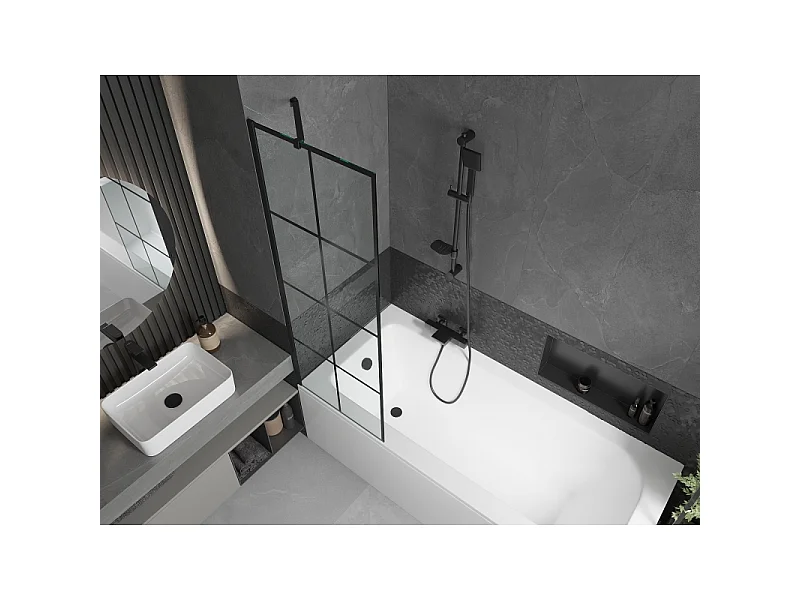 Mexen Vega rektangulært badekar 170 x 70 cm med ramme og 1-fløjet skærm 60 cm, sort mønster - 550117077X9506007077