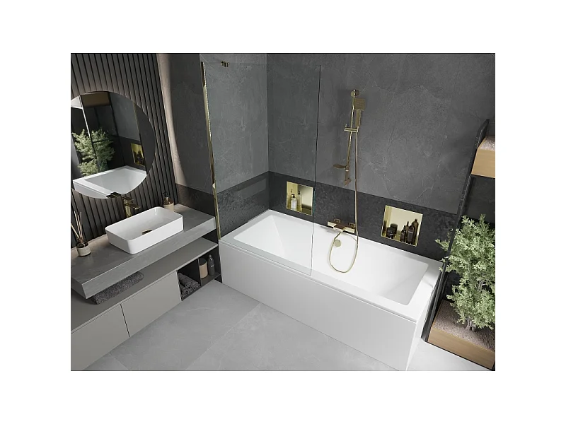 Mexen Cube baignoire rectangulaire 180 x 80 cm avec tablier et paroi 1 volet 100 cm, transparent, doré - 550518080X9510000050