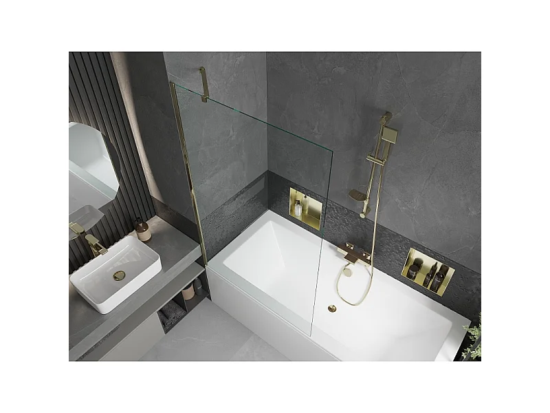 Mexen Cube baignoire rectangulaire 180 x 80 cm avec tablier et paroi 1 volet 100 cm, transparent, doré - 550518080X9510000050