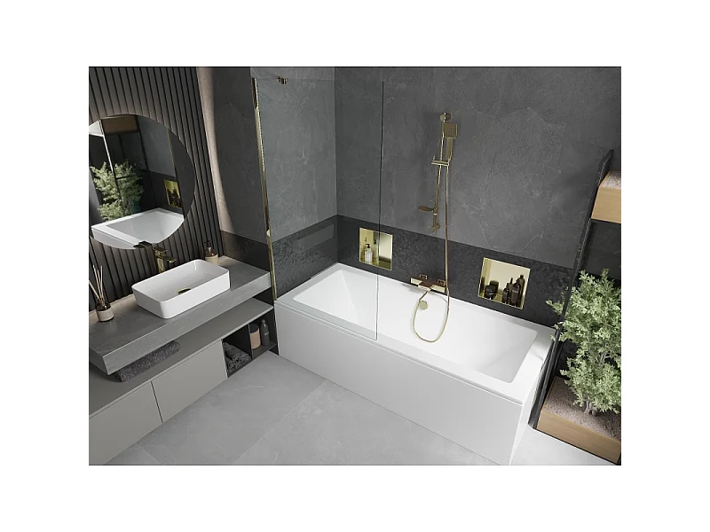 Mexen Cube rectangular bathtub 170 x 80 cm with casing and 1-wing screen 90 cm, transparent, gold - 550517080X9509000050