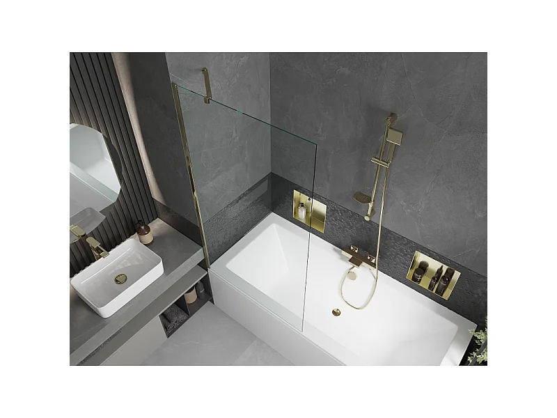 Mexen Cube rectangular bathtub 170 x 80 cm with casing and 1-wing screen 90 cm, transparent, gold - 550517080X9509000050