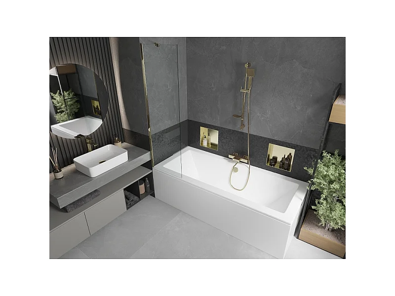 Mexen Cube bañera rectangular de 170 x 80 cm con revestimiento y mampara de 1 hoja 50 cm, transparente, dorado