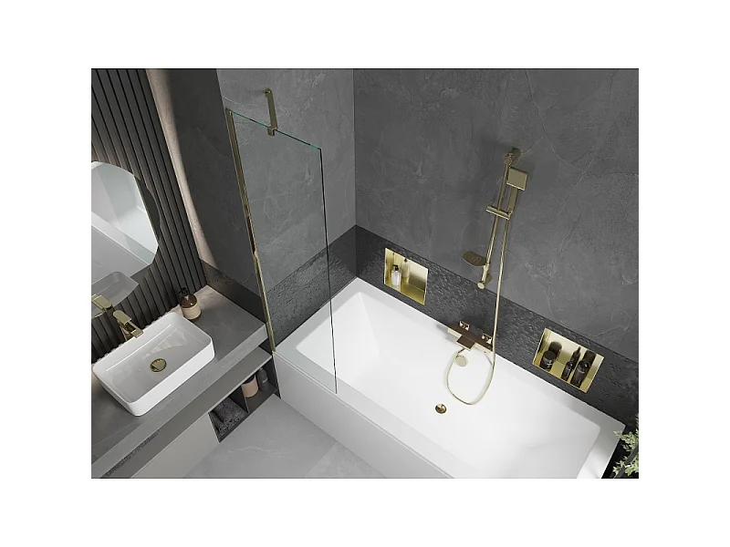 Mexen Cube bañera rectangular de 170 x 80 cm con revestimiento y mampara de 1 hoja 50 cm, transparente, dorado