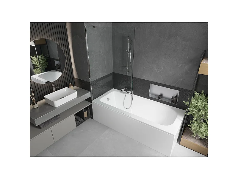 Mexen Vega bañera rectangular de 170 x 70 cm con cubierta y mampara de 1 hoja de 100 cm, transparente, cromo
