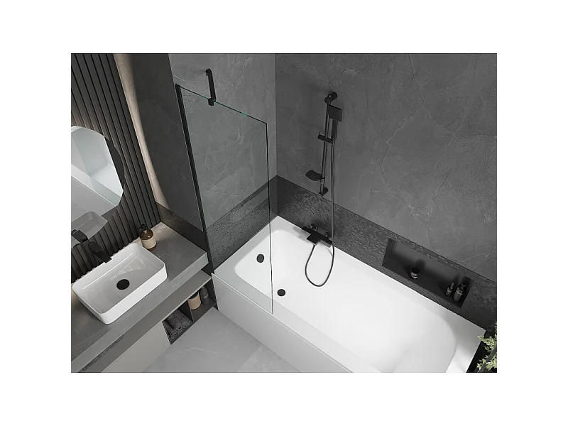 Mexen Vega bañera rectangular 150 x 70 cm con revestimiento y mampara de 1 hoja 60 cm, transparente, negro
