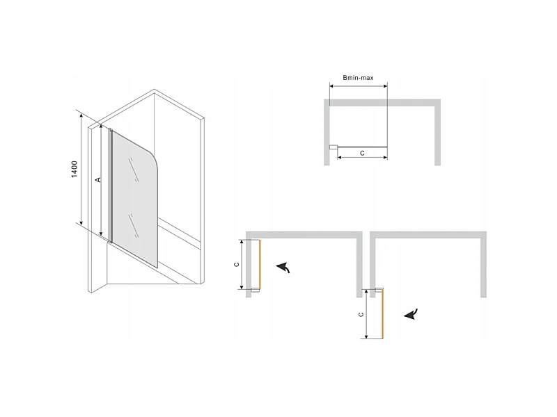 Mexen Vega Rechteckige Badewanne 170 x 70 cm mit Verkleidung und 1-flügeliger Sichtschutz 70 cm, schwarzes Muster