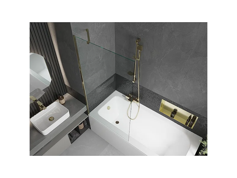 Mexen Vega baignoire rectangulaire 150 x 70 cm avec tablier et écran 1 volet 90 cm, transparent, doré - 550115070X9509000050