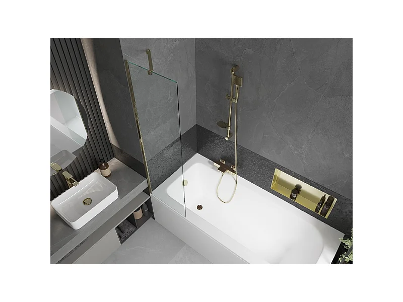 Mexen Vega baignoire rectangulaire 150 x 70 cm avec habillage et paroi de douche 1 volet 50 cm, transparent, or