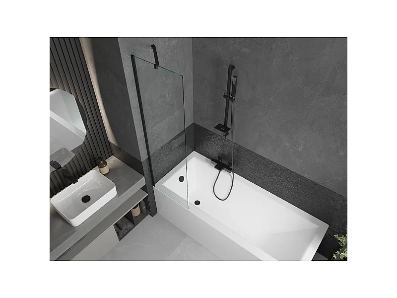 Mexen Cubik bañera rectangular 170 x 70 cm con revestimiento y mampara de 1 hoja 50 cm, transparente, negro